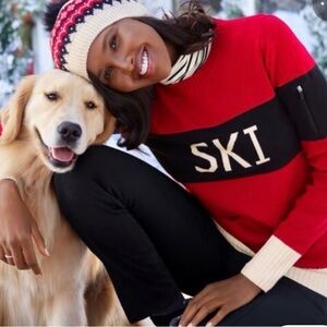 Talbots SKI Colorblock Crew Neck Sweater Ruby Red White & Black Women size Small